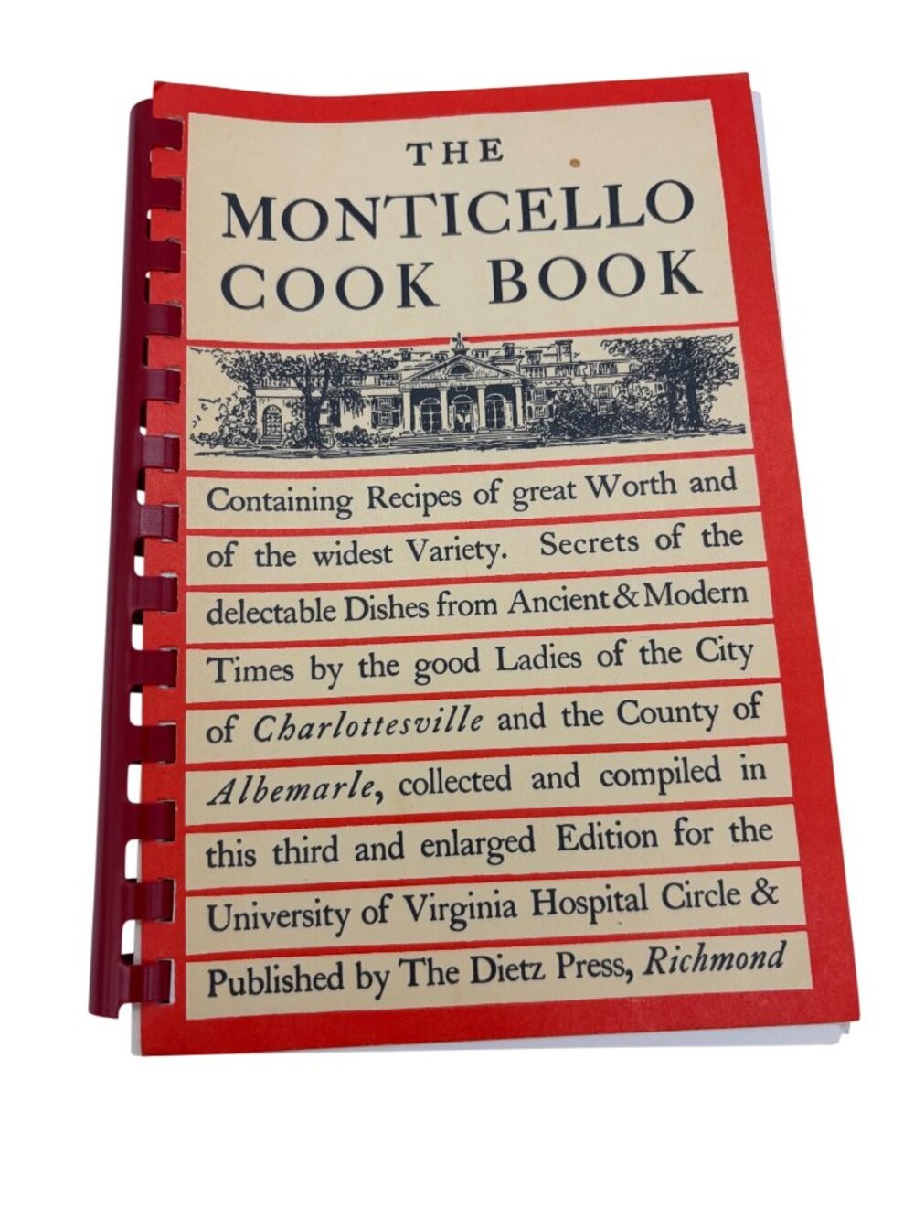 1991 Monticello Cook Book UVA Hospital Circle Virginia Recipes Southern Vintage